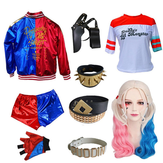 Suicide Squad Harley Quinn Costume Movie Clown Girl Suit Halloween Adult Sexy Cosplay T-shirt Bracelet Gun Holster Accessories