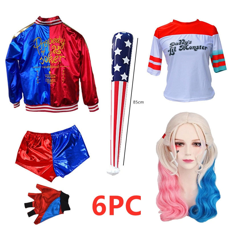 Harley Quinn Costume Movie Clown Girl Suit Halloween Adult Sexy Cosplay T-shirt Bracelet Gun Holster Accessories