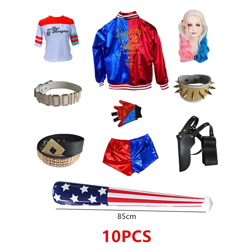 Harley Quinn Costume Movie Clown Girl Suit Halloween Adult Sexy Cosplay T-shirt Bracelet Gun Holster Accessories