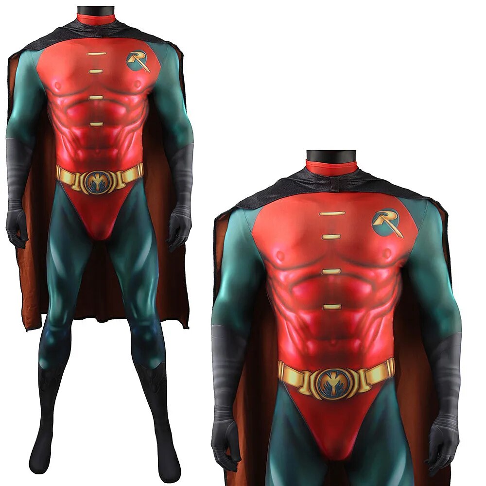 Superhero Bat Robin Man Cosplay Costume and Cape Spandex Bodysuit Halloween Costume Superhero Zentai Suits Jumpsuit Adult/kids