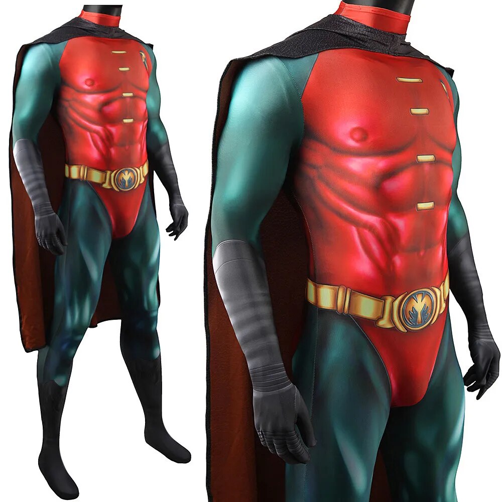 Superhero Bat Robin Man Cosplay Costume and Cape Spandex Bodysuit Halloween Costume Superhero Zentai Suits Jumpsuit Adult/kids