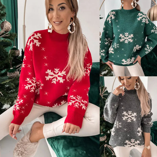 Sweater Sweater Women's Snowflake Towel Embroidered Half High Collar Long Sleeve Women's Theme Christmas Sweater