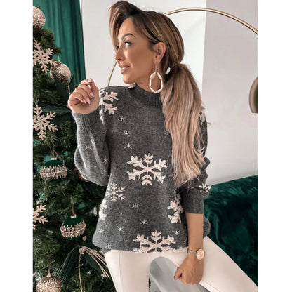 Sweater Sweater Women's Snowflake Towel Embroidered Half High Collar Long Sleeve Women's Theme Christmas Sweater