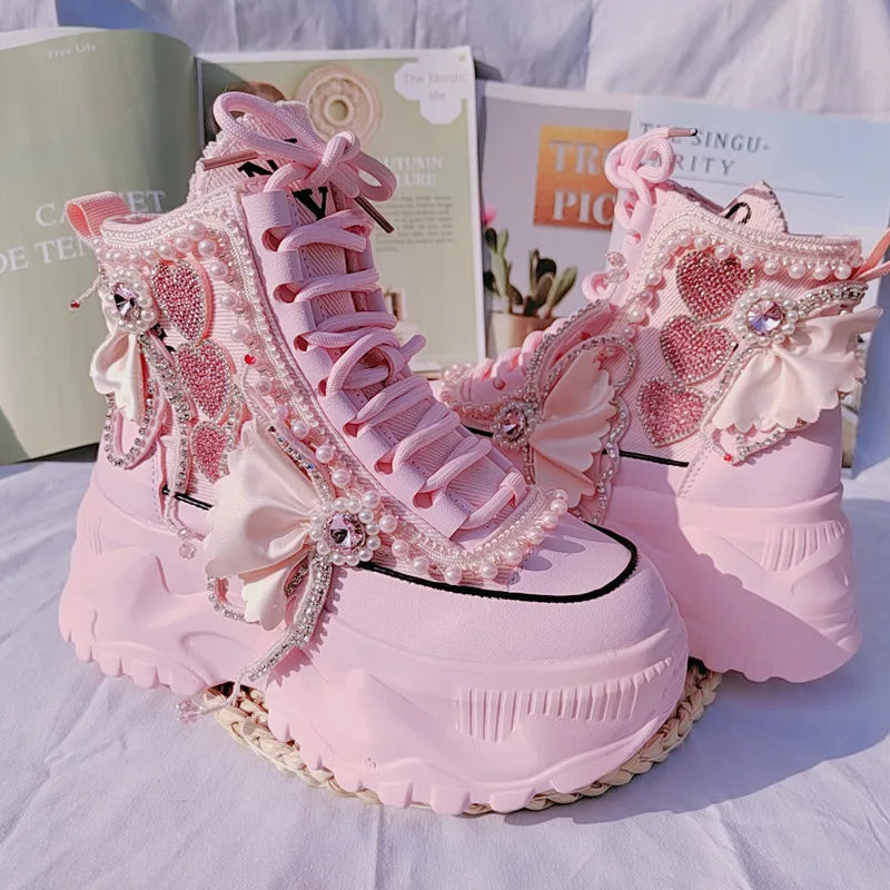 Sweet Pink Casual High Platform Women Sneakers Female Ankle Booties Pearls Heart Rhinestones Ladies Casual Thick Bottom Shoes