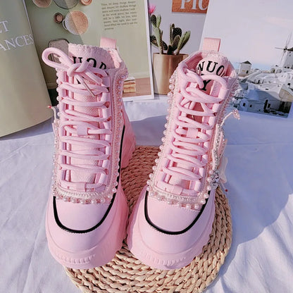 Sweet Pink Casual High Platform Women Sneakers Female Ankle Booties Pearls Heart Rhinestones Ladies Casual Thick Bottom Shoes