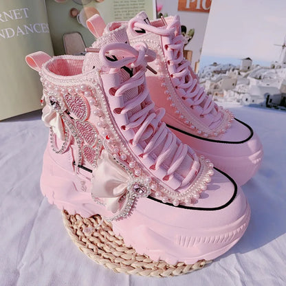 Sweet Pink Casual High Platform Women Sneakers Female Ankle Booties Pearls Heart Rhinestones Ladies Casual Thick Bottom Shoes