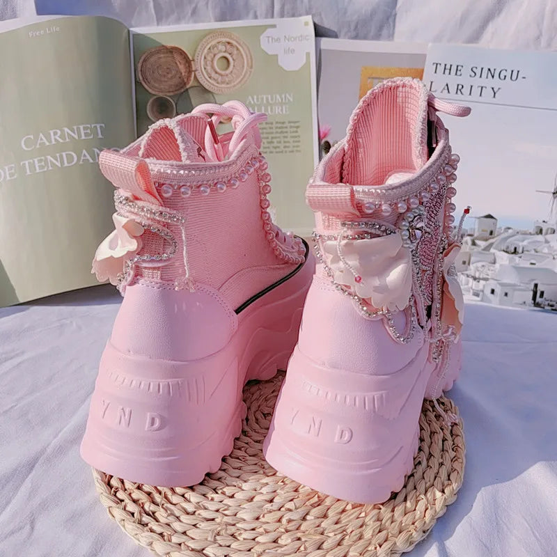 Sweet Pink Casual High Platform Women Sneakers Female Ankle Booties Pearls Heart Rhinestones Ladies Casual Thick Bottom Shoes