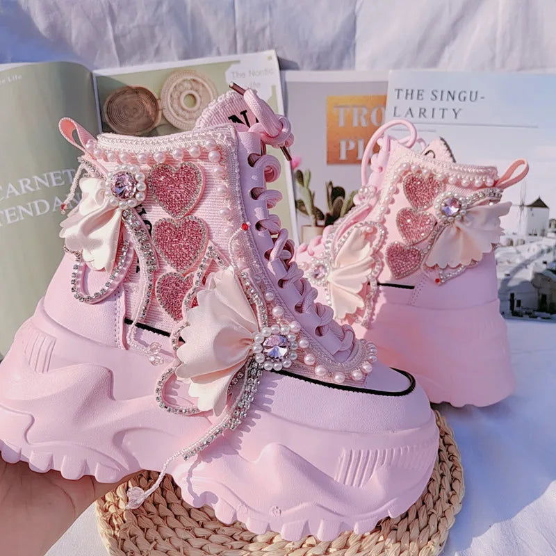 Sweet Pink Casual High Platform Women Sneakers Female Ankle Booties Pearls Heart Rhinestones Ladies Casual Thick Bottom Shoes