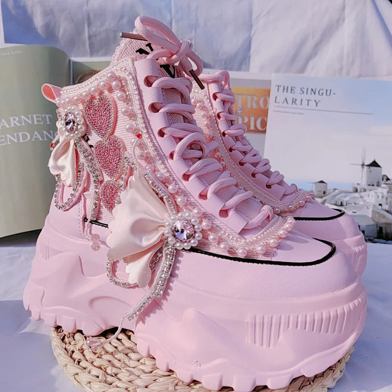 Sweet Pink Casual High Platform Women Sneakers Female Ankle Booties Pearls Heart Rhinestones Ladies Casual Thick Bottom Shoes