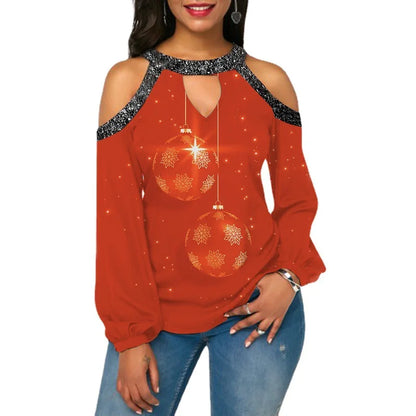 T-shirt Women Christmas Hanging Neck Button Long Sleeve Hollow Out T-shirt women's Clothing