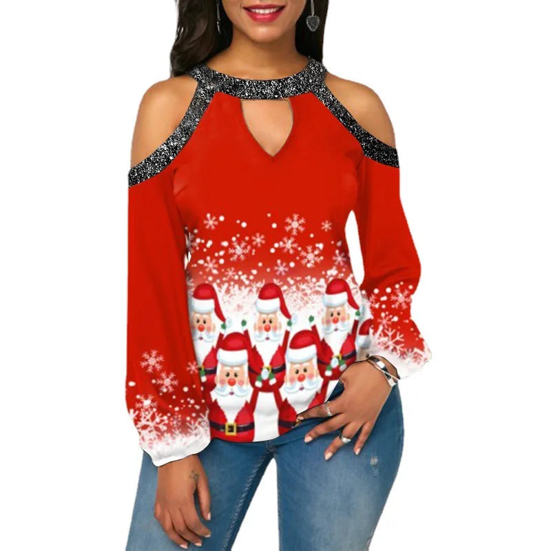 T-shirt Women Christmas Hanging Neck Button Long Sleeve Hollow Out T-shirt women's Clothing