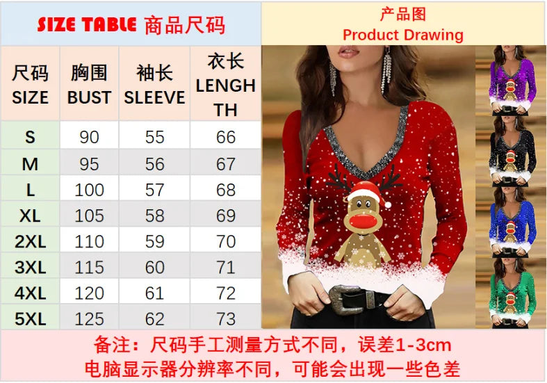 T-shirt Women Christmas Long Sleeve V-neck Fawn Hat Snow Print