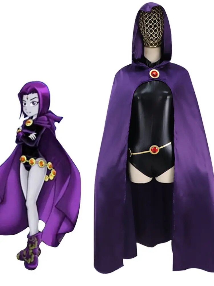 Teen Titans Raven Cosplay Costume Superhero Cloak Jumpsuits Zentai Halloween Tight Clothes + Cape + Waist Jewelry Chain