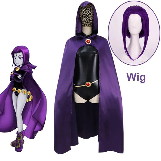 Teen Titans Raven Cosplay Costume Superhero Cloak Jumpsuits Zentai Halloween Tight Clothes + Cape + Waist Jewelry Chain