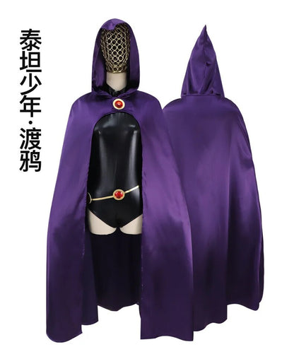 Teen Titans Raven Cosplay Costume Superhero Cloak Jumpsuits Zentai Halloween Tight Clothes + Cape + Waist Jewelry Chain