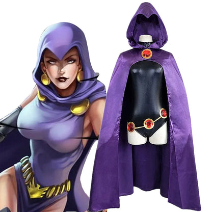 Teen Titans Super Hero Raven Cosplay Costume Women Leather Bodysuit Hooded Cloak Suit Sexy Jumpsuits Halloween Carnival Costume