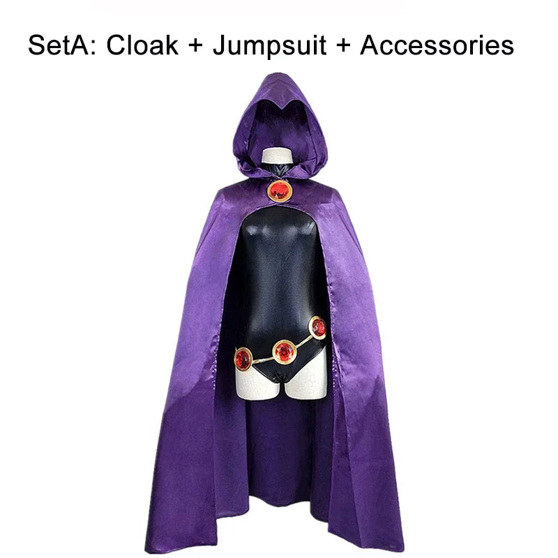 Teen Titans Super Hero Raven Cosplay Costume Women Leather Bodysuit Hooded Cloak Suit Sexy Jumpsuits Halloween Carnival Costume