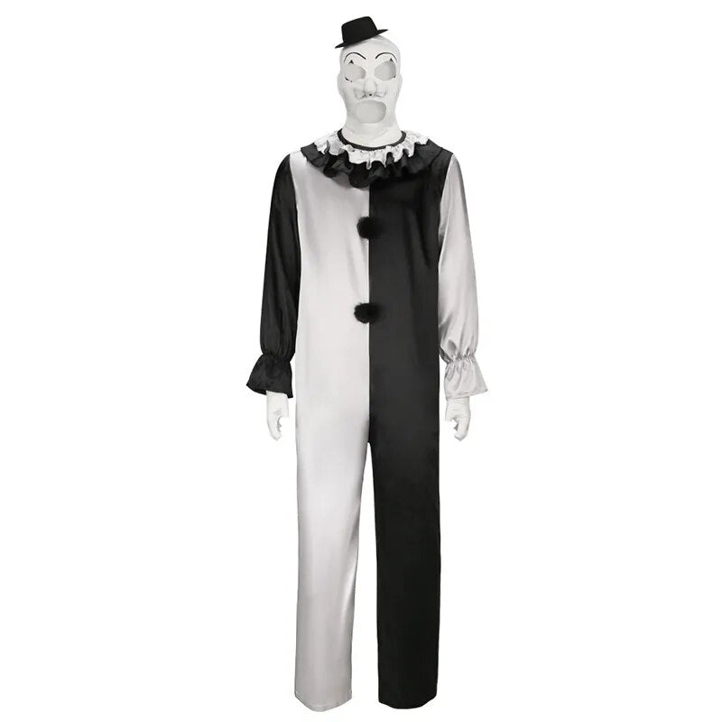 Terrifier Art The Clown Costume Jumpsuit Black and White Suits Halloween Horror Outfits for Men Women With Gloves