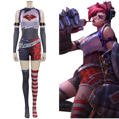 The Piltover Enforcer Vi Cosplay  Anime Costume Game  Role Play Vest Shorts Women Wig Set Girls Halloween Carnival Party Suit