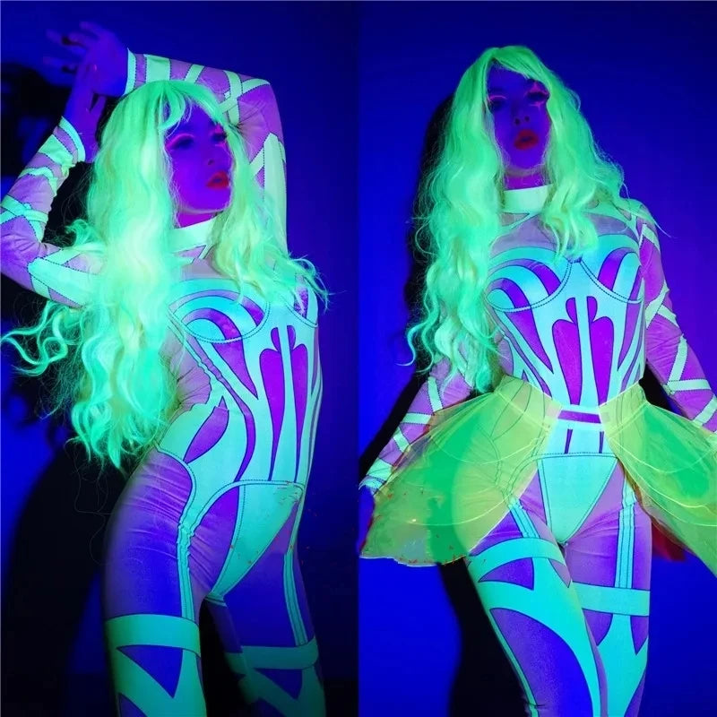 The Costume Girl GOGO Fluorescent Green Jumpsuit Party Bar Nightclub Performance Halloween  Dancer Show Outfit