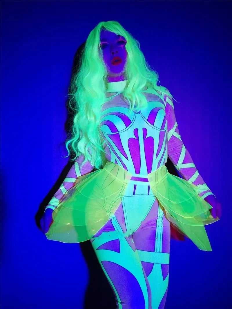 The Costume Girl GOGO Fluorescent Green Jumpsuit Party Bar Nightclub Performance Halloween  Dancer Show Outfit