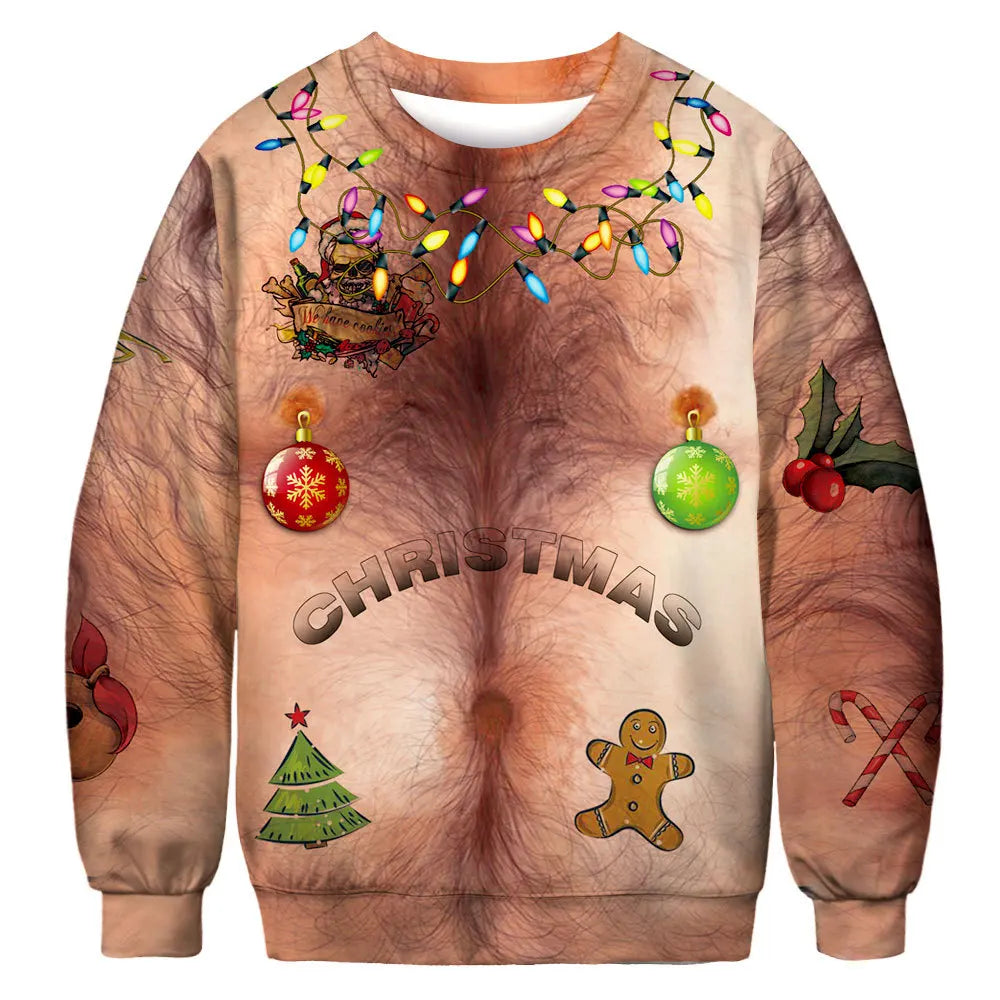 Christmas Sweater Women/men Chest Hair Funny Loose Pullover 3D Kawaii Cartoon Cosplay Winter Tops Clothing Jersey