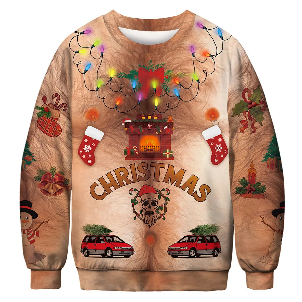 Christmas Sweater Women/men Chest Hair Funny Loose Pullover 3D Kawaii Cartoon Cosplay Winter Tops Clothing Jersey