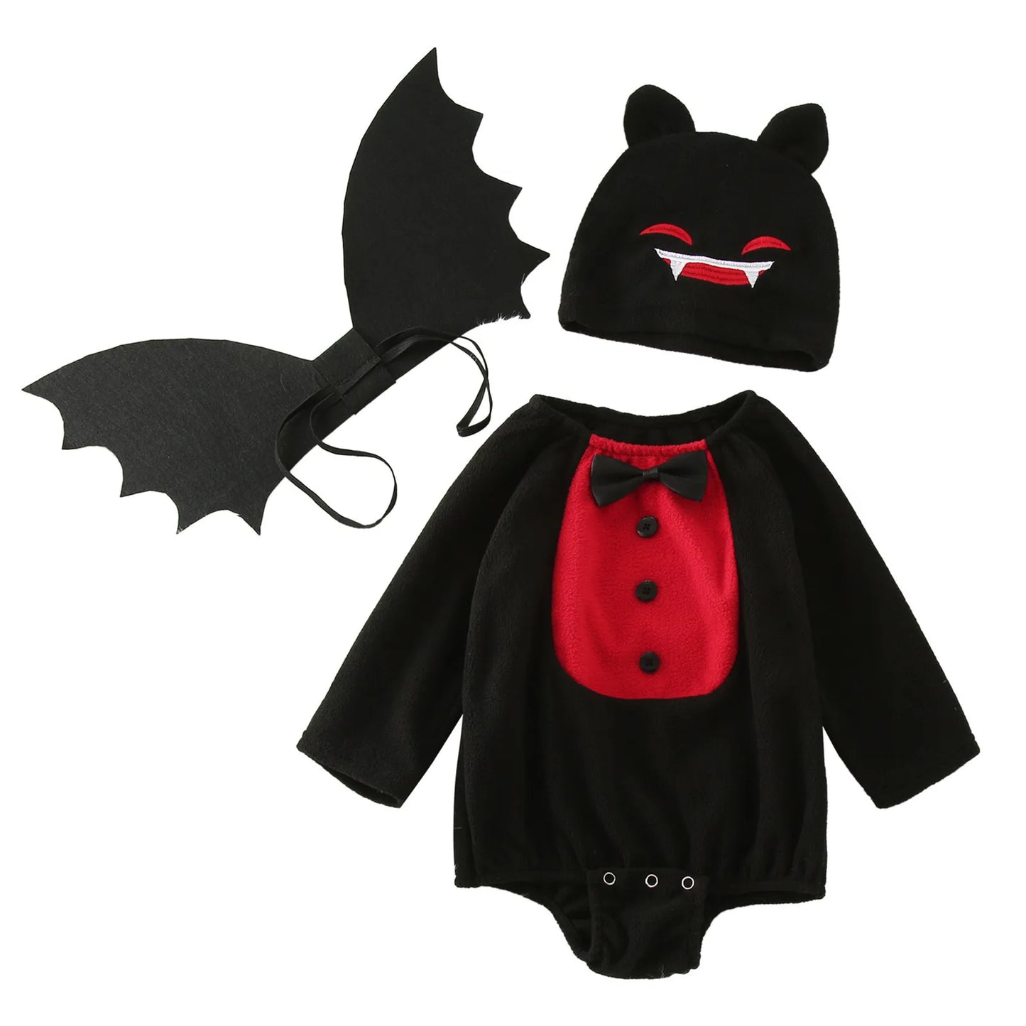 Infant Baby Boys Girls Halloween Bat Costume Romper Bodysuit Wings Hat 3pcs Set Fleece 2 Color Devil Vampire