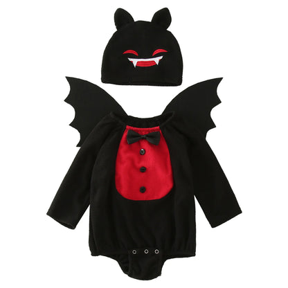 Infant Baby Boys Girls Halloween Bat Costume Romper Bodysuit Wings Hat 3pcs Set Fleece 2 Color Devil Vampire