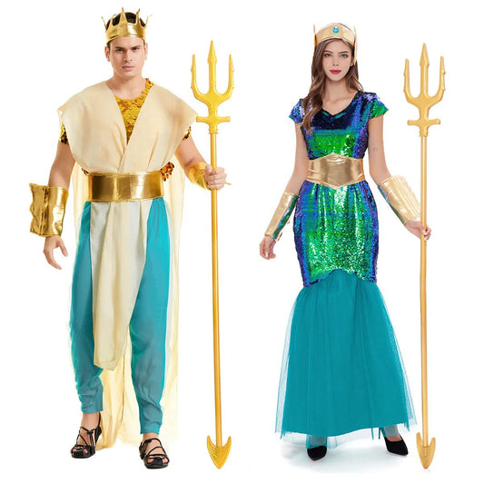 Women Sea Siren Mermaid Queen Costume Men's Poseidon Costumes Fantasia Halloween Purim Carnival Mardi Gras Dress up