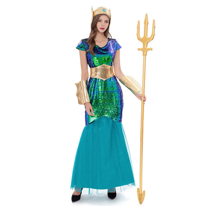 Women Sea Siren Mermaid Queen Costume Men's Poseidon Costumes Fantasia Halloween Purim Carnival Mardi Gras Dress up