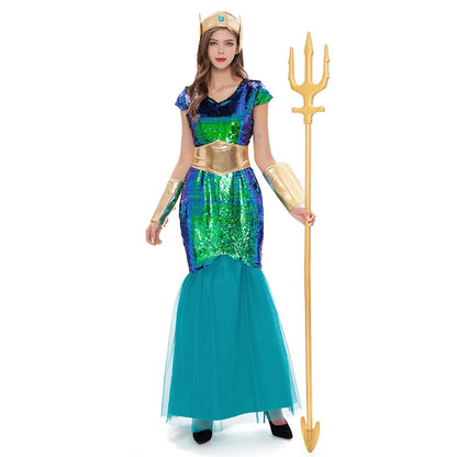 Women Sea Siren Mermaid Queen Costume Men's Poseidon Costumes Fantasia Halloween Purim Carnival Mardi Gras Dress up