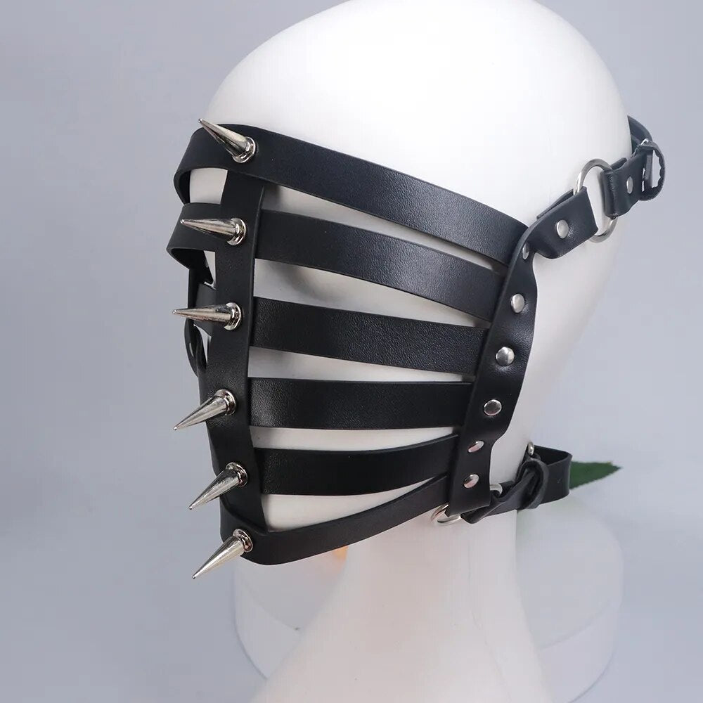 Unisex Sexy Fetish Role Play Costumes of Leather Harness Face Mask Headgear for Halloween Carnival Masquerade Party Fun Prop