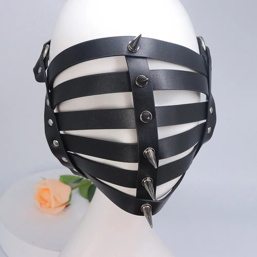 Unisex Sexy Fetish Role Play Costumes of Leather Harness Face Mask Headgear for Halloween Carnival Masquerade Party Fun Prop