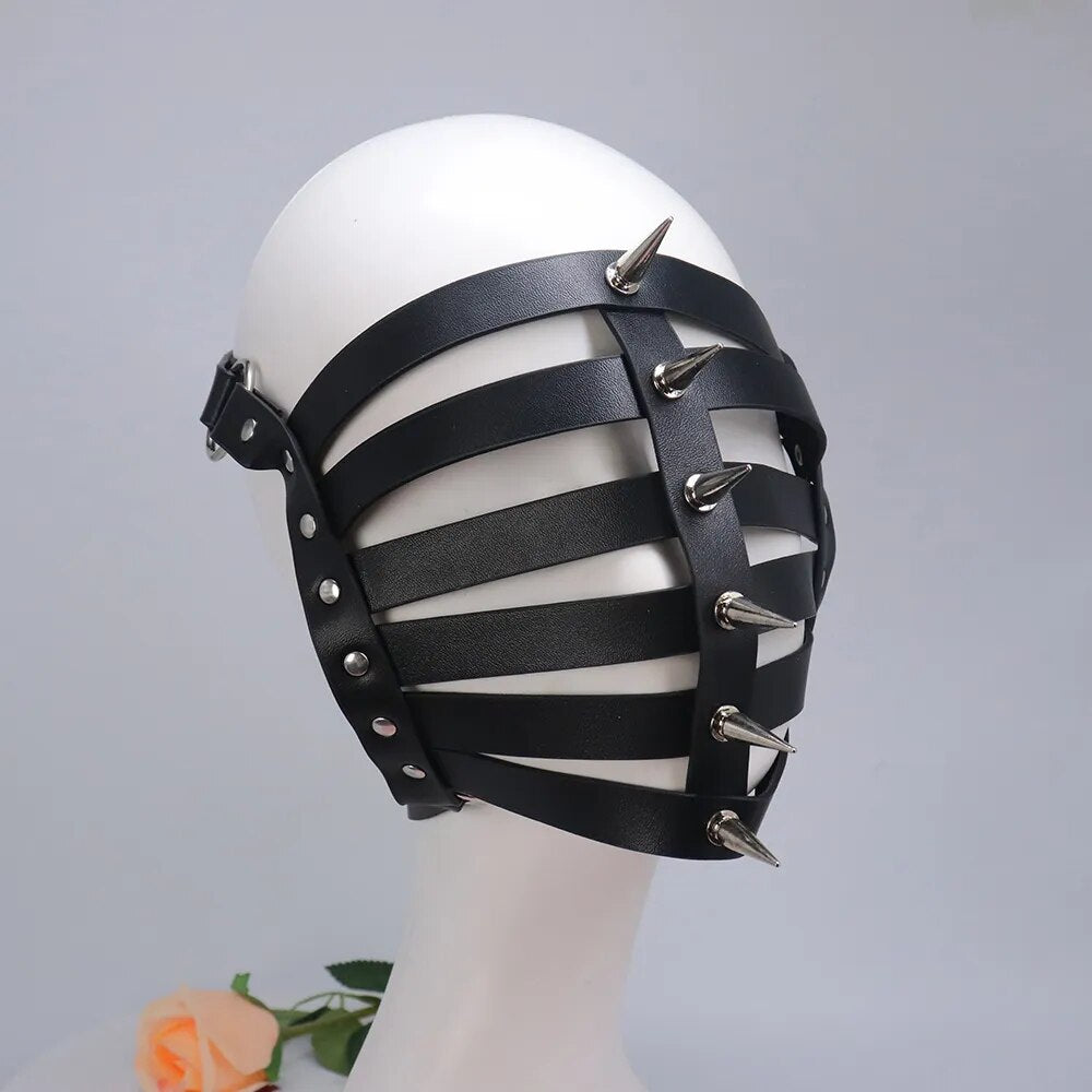 Unisex Sexy Fetish Role Play Costumes of Leather Harness Face Mask Headgear for Halloween Carnival Masquerade Party Fun Prop