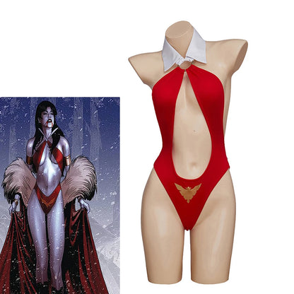 Vampirella Cosplay Costume Women Sexy Red Cutout Halter Neck Backless Bodysuit Halloween Party Bikini Jumpsuit Lingerie Uniform