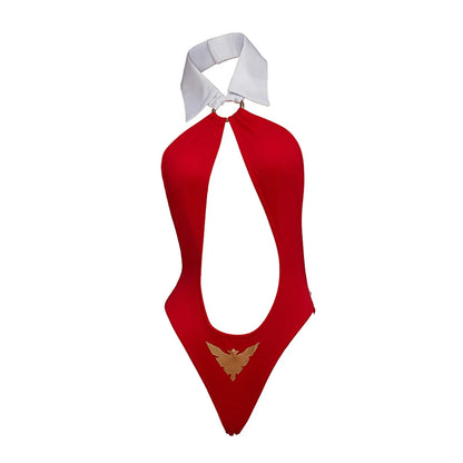 Vampirella Cosplay Costume Women Sexy Red Cutout Halter Neck Backless Bodysuit Halloween Party Bikini Jumpsuit Lingerie Uniform