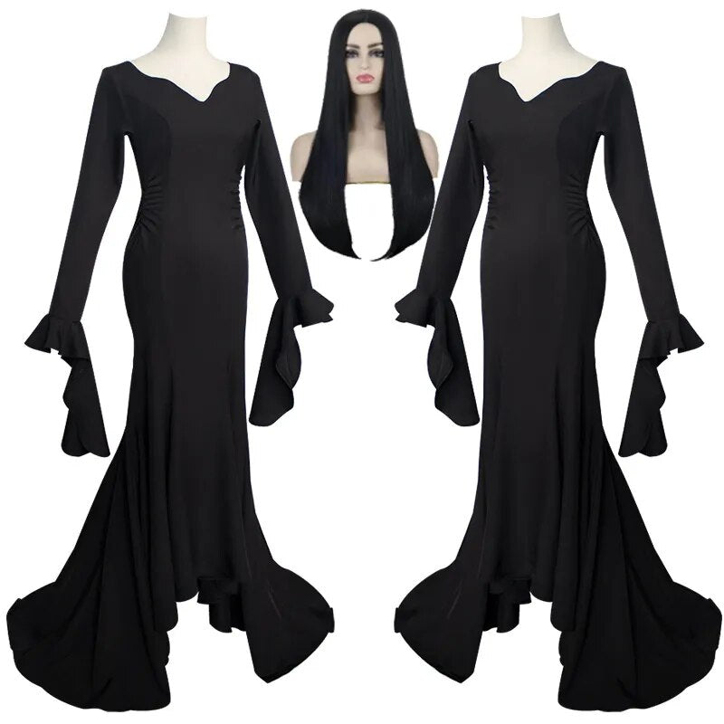 Wednesday Addams Family Morticia Cosplay Costume Wig Black Sexy Up Slim Party Evening Dress For Women Halloween Carnival Clothes