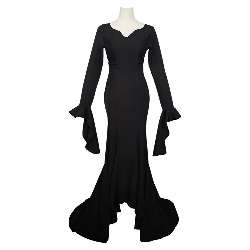 Wednesday Addams Family Morticia Cosplay Costume Wig Black Sexy Up Slim Party Evening Dress For Women Halloween Carnival Clothes