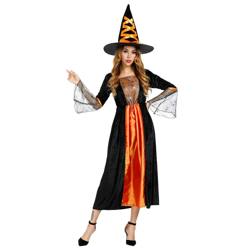 Witch Costume Women Long Sorceress Classic Dress Adult Renaissance Outfits Halloween Dress-up Disguise Role Playing Party Outfit