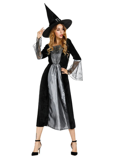 Witch Costume Women Long Sorceress Classic Dress Adult Renaissance Outfits Halloween Dress-up Disguise Role Playing Party Outfit