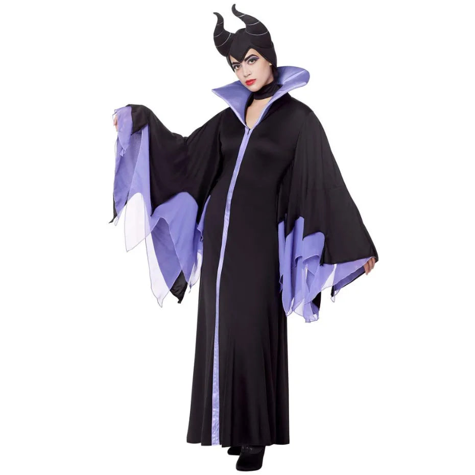 Witch Maleficent Sleeping Beauty Cosplay Costume Adult Women Hallowen Costumes Evil Black Dress Horn Hat Outfit Hat Helmet Hood