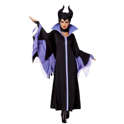 Witch Maleficent Sleeping Beauty Cosplay Costume Adult Women Hallowen Costumes Evil Black Dress Horn Hat Outfit Hat Helmet Hood