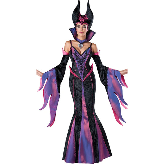 Witch Maleficent Sleeping Beauty Cosplay Costumes Adult Women Hallowen Costumes Evil Black Dress Horn Hat Outfit Hat Helmet Hood