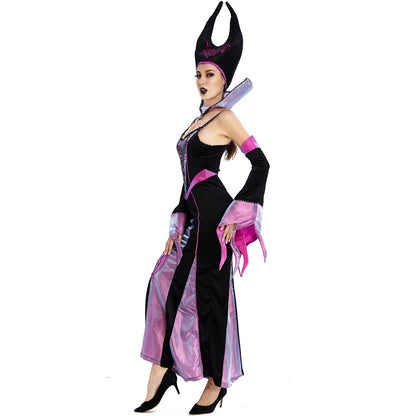 Witch Maleficent Sleeping Beauty Cosplay Costumes Adult Women Hallowen Costumes Evil Black Dress Horn Hat Outfit Hat Helmet Hood