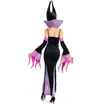 Witch Maleficent Sleeping Beauty Cosplay Costumes Adult Women Hallowen Costumes Evil Black Dress Horn Hat Outfit Hat Helmet Hood