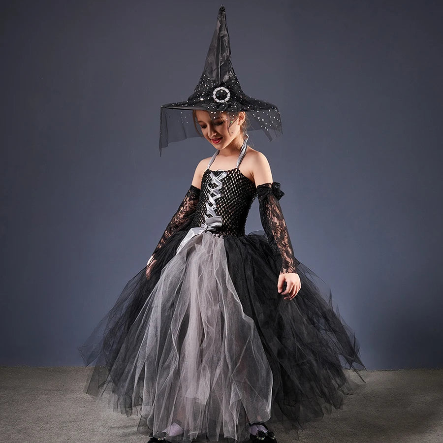 Witchy Halloween Girls Tutu Dress with Hat Medieval Fantasy Black Gothic Gown Dresses for Villain Party Purim Carnival Costume