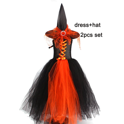 Witchy Halloween Girls Tutu Dress with Hat Medieval Fantasy Black Gothic Gown Dresses for Villain Party Purim Carnival Costume