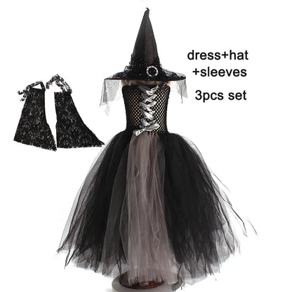 Witchy Halloween Girls Tutu Dress with Hat Medieval Fantasy Black Gothic Gown Dresses for Villain Party Purim Carnival Costume