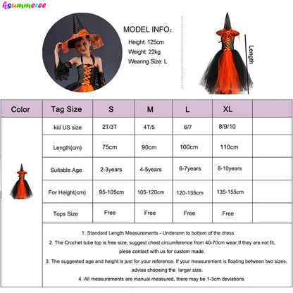 Witchy Halloween Girls Tutu Dress with Hat Medieval Fantasy Black Gothic Gown Dresses for Villain Party Purim Carnival Costume